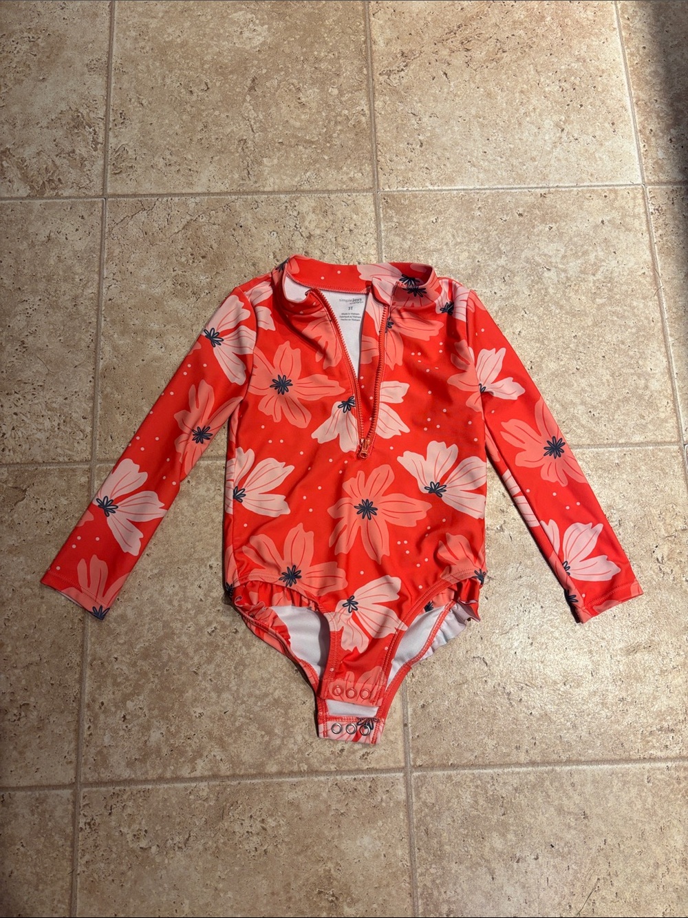 Girls' Red Floral Long-Sleeve Swim Rashguard One-Piece